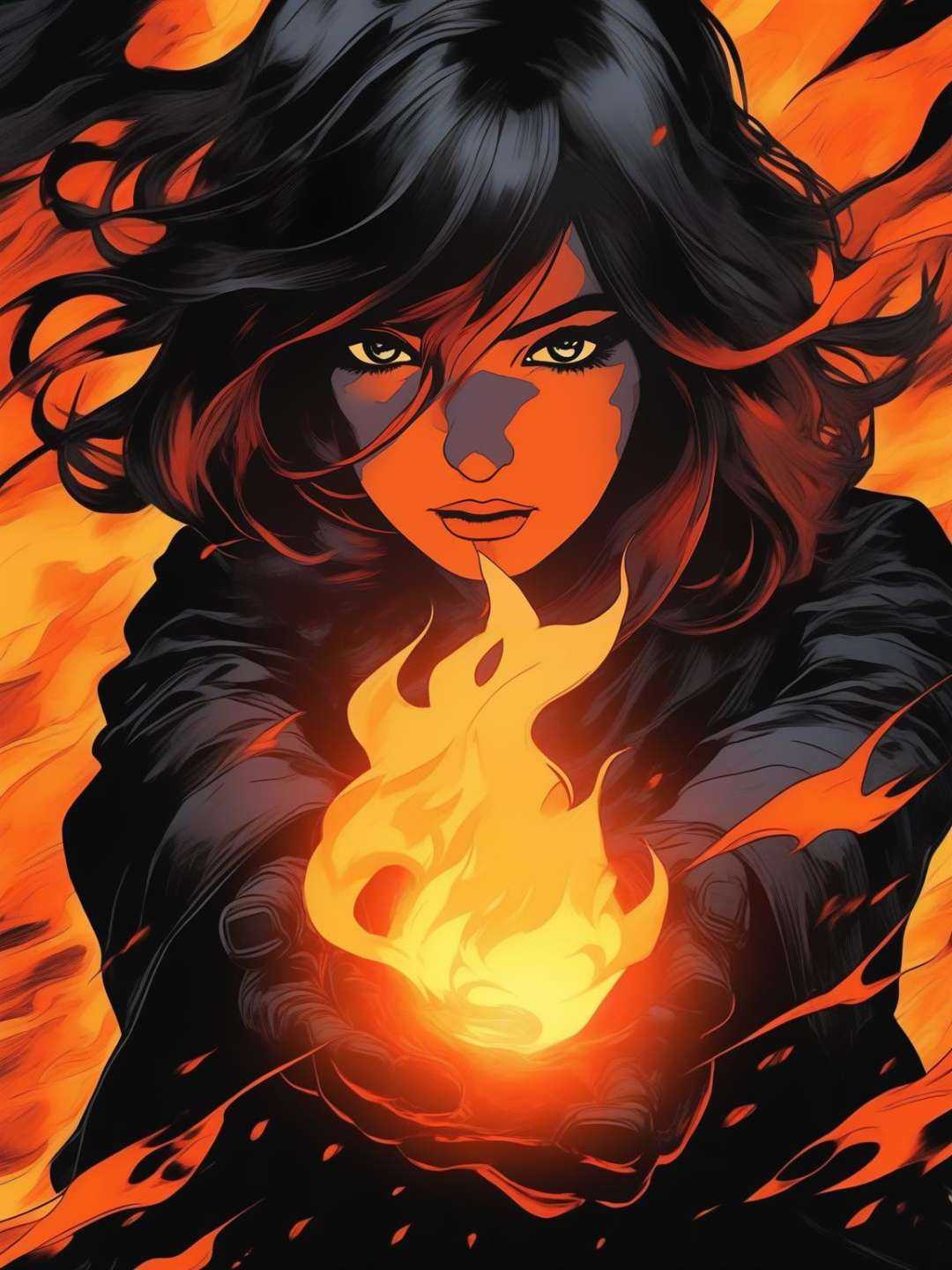 The girl has black fire coming out of his hand,  in the style of digital mixed media,  comic art on Tensor.Art