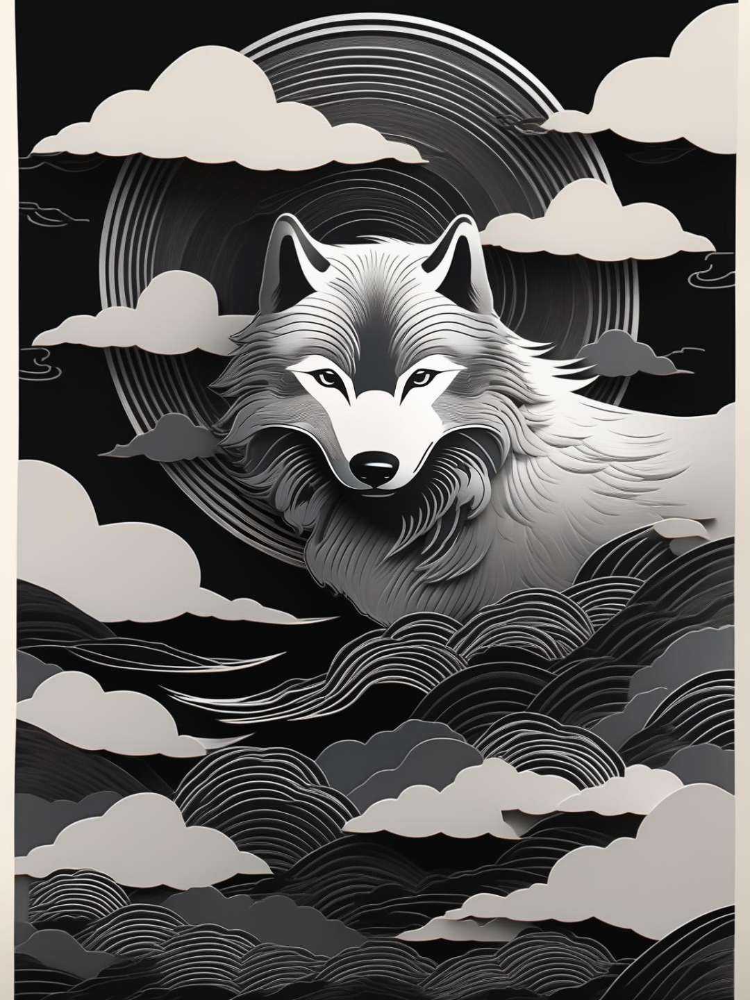 Scratchboard art,  fierce grey wolf and auspicious clouds,  Chinese style on Tensor.Art