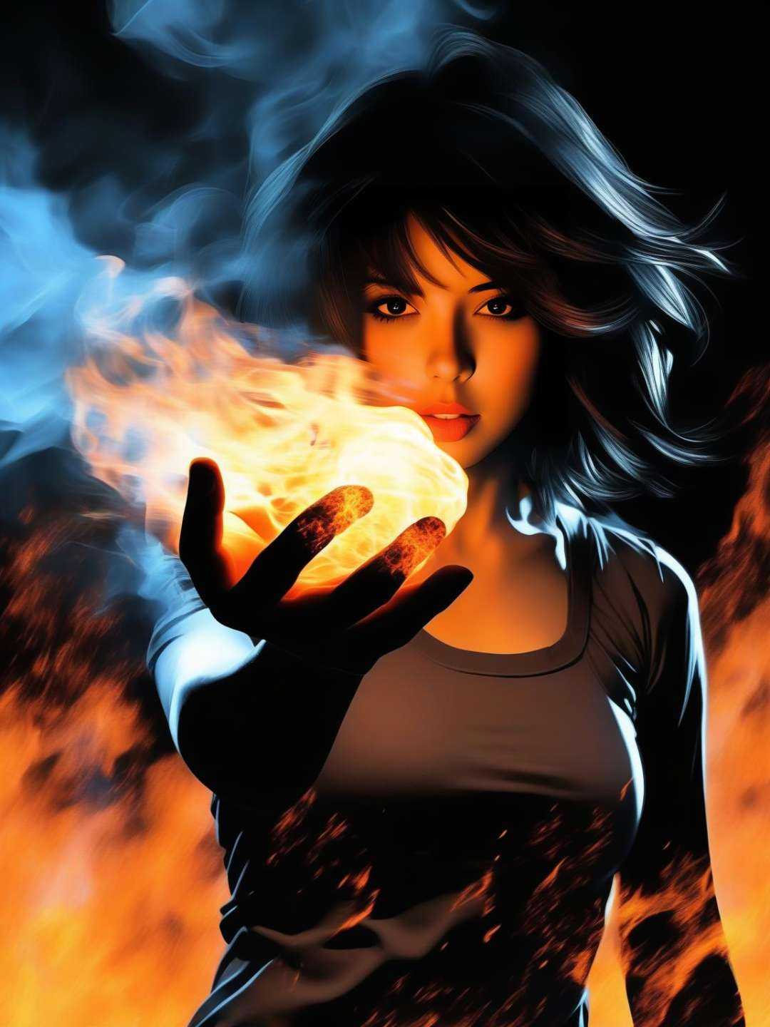 The girl has black fire coming out of his hand,  in the style of digital mixed media,  comic art on Tensor.Art