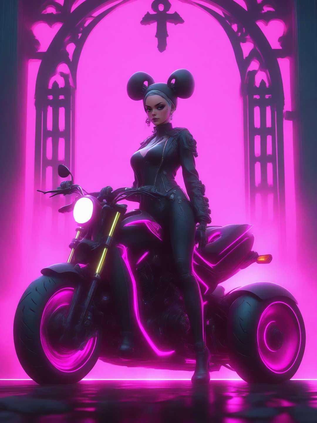 A female realistic portrait gothic skull character with buns hair and wearing a magenta gothic outfit,  big skull cap,  st...