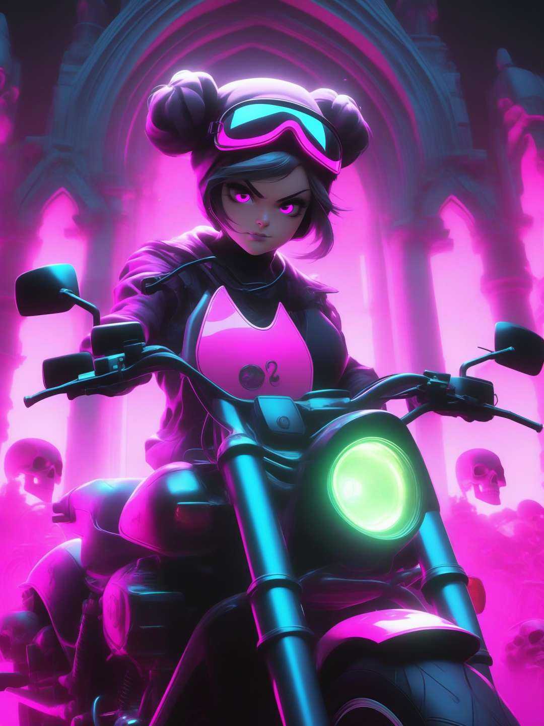 A female realistic portrait gothic skull character with buns hair and wearing a magenta gothic outfit,  big skull cap,  st...