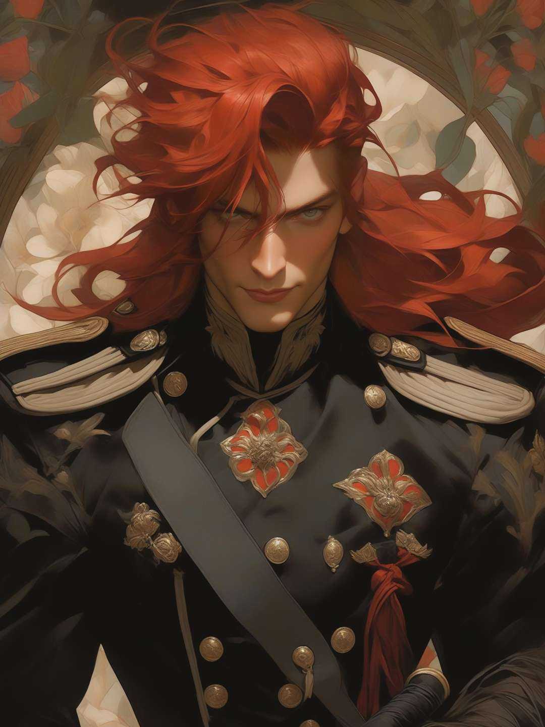 Realistic painting of chest shot portrait of a red hair young man in black military uniform holding a whip in hand with ev...