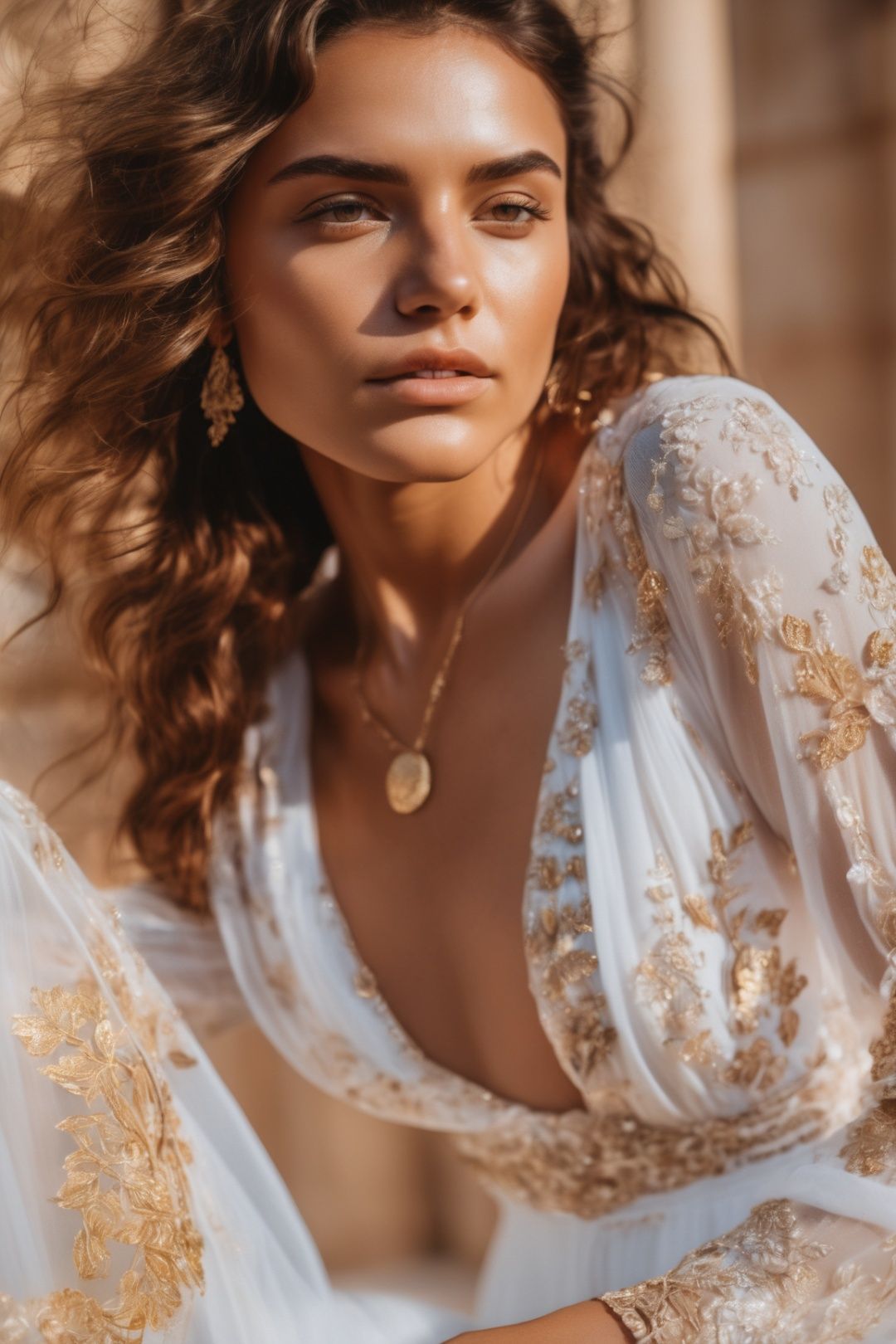 close-up photo of beautiful woman wearing white see-through gown with golden details, 25yo, half body, half naked, golden jewelry, intricate details, highly detailed face, dslr camera, realistic, detail skin, ( freckles:0.8),