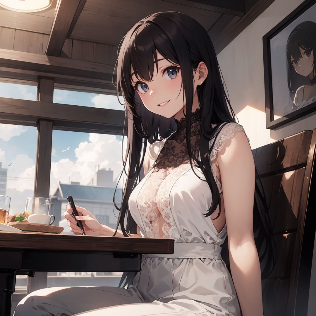 (Masterpiece, best quality, very detailed, quality, refined features, extremely detailed eye, light art)
A beautiful woman, royal sister style, high-end workplace elite, dignified girl 18 years old, long pine black hair delicate fair face, deep expressive eyes, wearing delicate white one-piece wide-leg pants, (((lace))), high-end professional clothing,
Alone,
Smile with upper body frontal display
Stand on the busy street, in the morning
Sun-drenched clouds, tranquil atmosphere, hyper detail, ultra-wide angle, official art, Unity 8k wallpaper, (character separated from background), (depth of field: 1.3), sitting at a long dining table