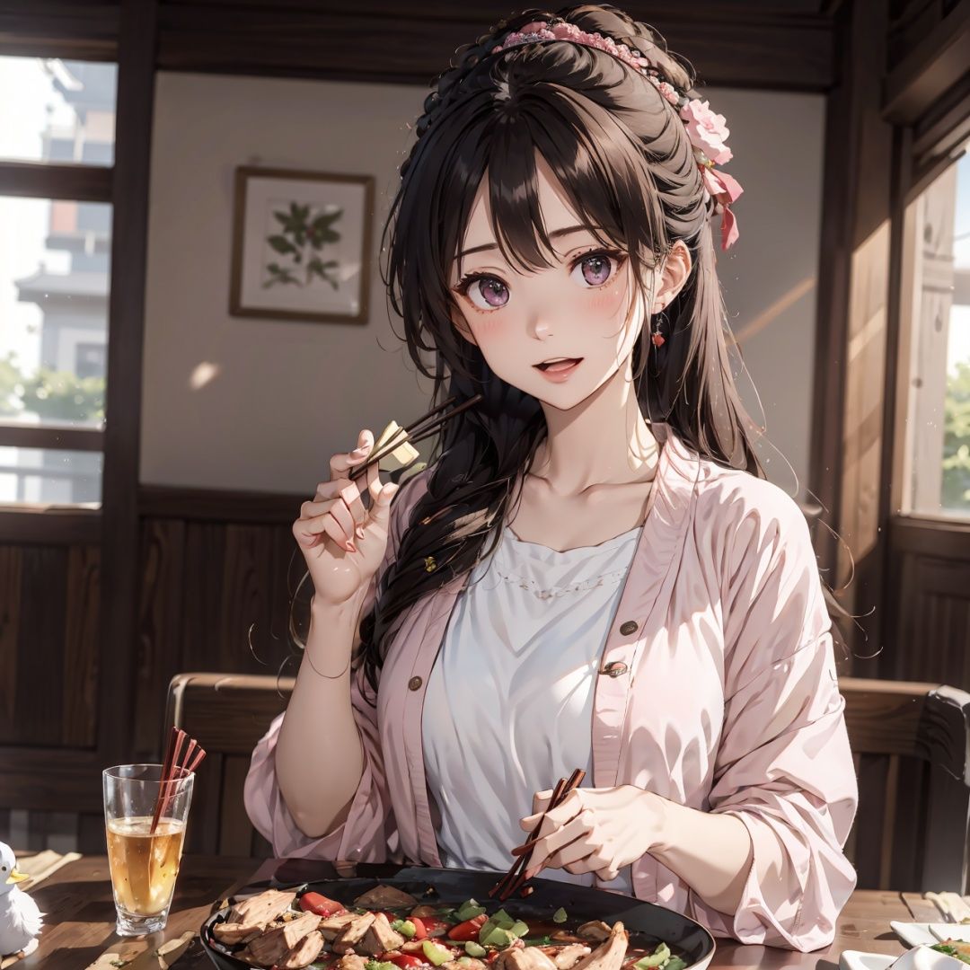 (Masterpiece, best quality, very meticulous, quality, exquisite functionality, extremely detailed eye, light art)
A beautiful woman, a demure girl 18 years old, long pine-black hair, delicate fair face, deep expressive eyes, ((wearing pink delicate clothes)), blushing,
Lonely, delicate facial features,
Laughing, opening his mouth, revealing his whole body in front,
((((with chopsticks in one hand and a bowl in the other, sitting at a long dining table full of 24 dishes, chicken, duck and fish)))), in the restaurant, in the morning,
Sun-drenched clouds, tranquil atmosphere, hyper detail, ultra-wide angle, official art, Unity 8k wallpaper, (character separated from background), (depth of field: 1.3), sitting at a long dining table
