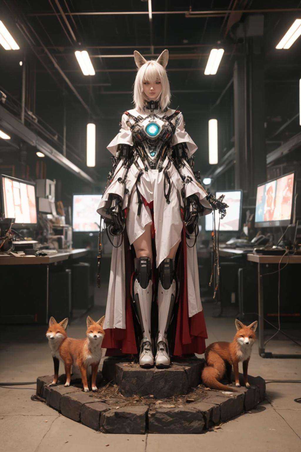 futubot,  cyberpunk shrine maiden with fox ears and fox tails,  dark white and bold red colors on Tensor.Art