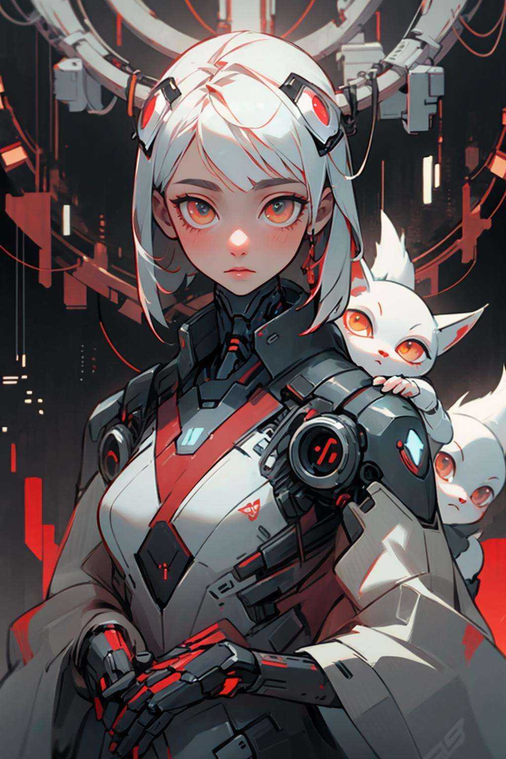futubot,  cyberpunk fox spirit surrounded by robot foxes,  bold red and dark white colors on Tensor.Art