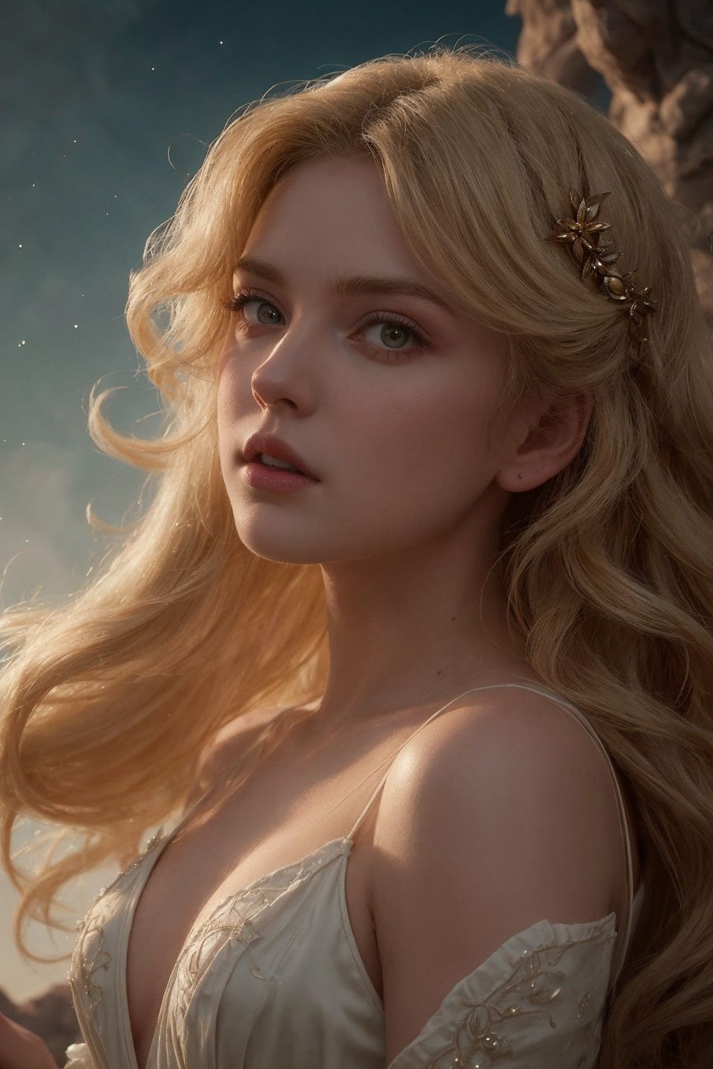 ethereal fantasy concept art of The multi-colored cream cascades down from the young woman's head,  creating a mesmerizing...