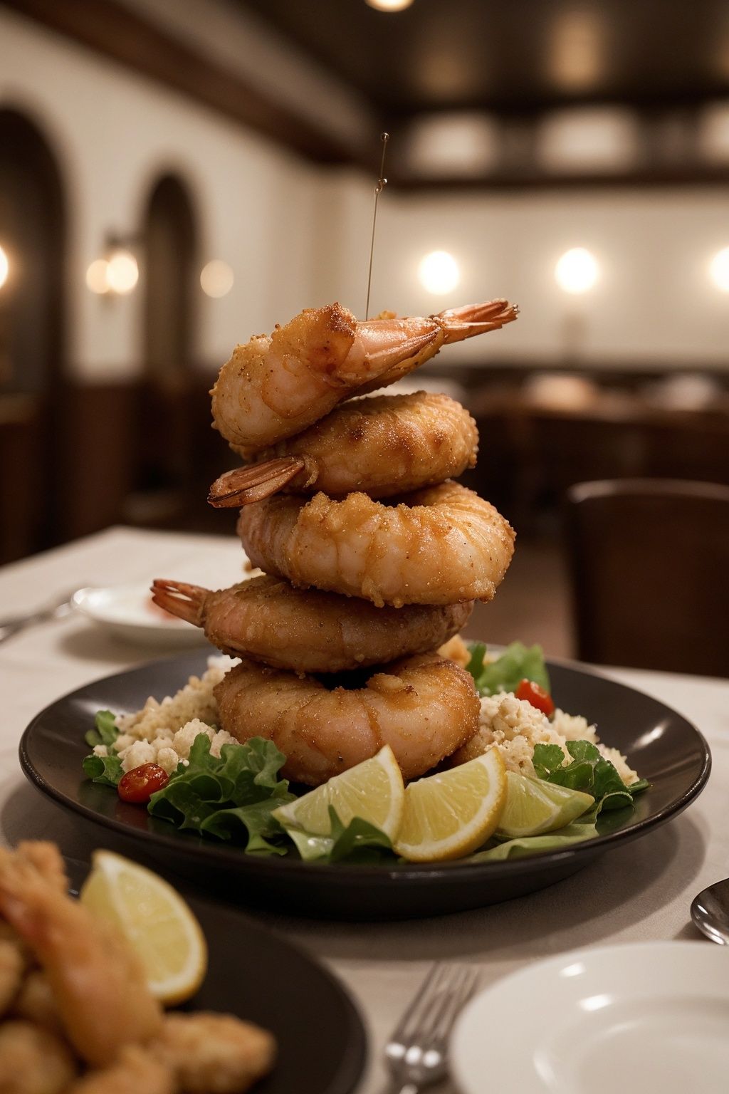 cinematic film still style: close-up shot | genre: gourmet | emotion: tempting | scene: fried shrimp platter with tartar s...