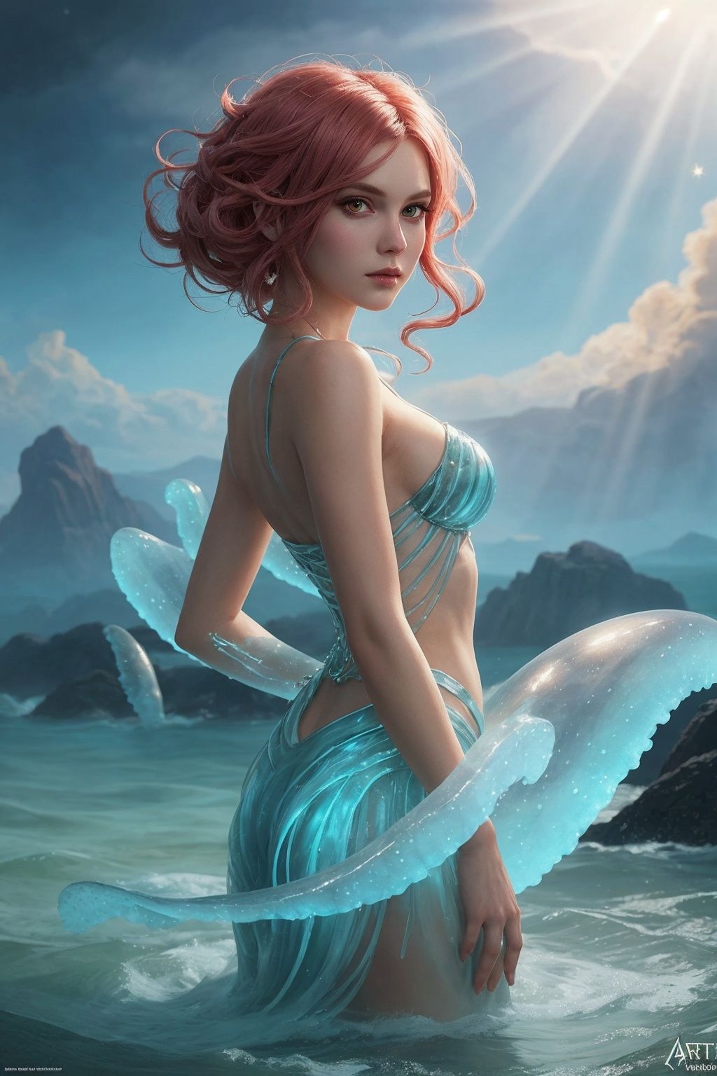 ethereal fantasy concept art of An anthropomorphic jellyfish pirate,  posed character portrait design study,  backlit by H...