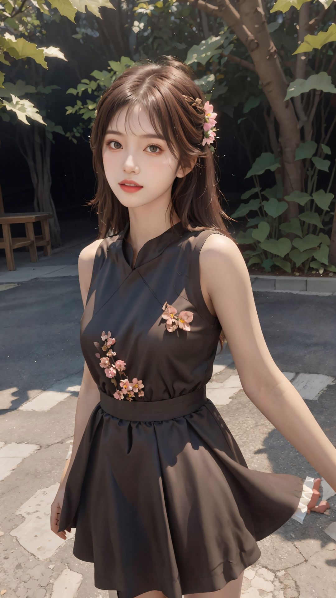 1girl,solo,brown hair,dress,looking at viewer,Dark skirt,long hair,outdoors,parted lips,brown eyes,lips,sleeveless,realistic,sleeveless dress,standing,flower,day,<lora:网红脸3:0.8>,