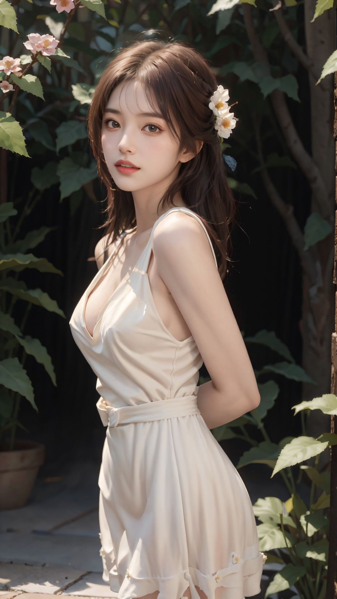1girl,solo,brown hair,dress,looking at viewer,white dress,arms behind back,long hair,outdoors,parted lips,brown eyes,breasts,lips,sleeveless,realistic,sleeveless dress,standing,flower,medium breasts,day,cowboy shot,<lora:网红脸3:0.8>,