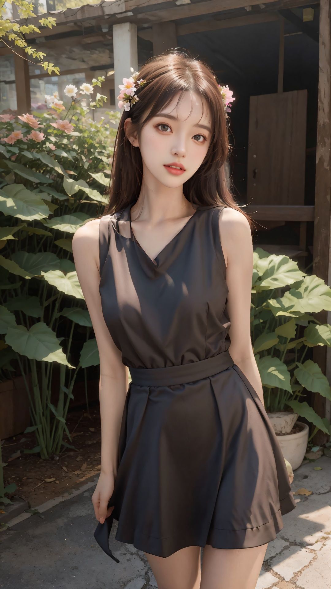 1girl,solo,brown hair,dress,looking at viewer,Dark skirt,long hair,outdoors,parted lips,brown eyes,lips,sleeveless,realistic,sleeveless dress,standing,flower,day,<lora:网红脸3:0.8>,