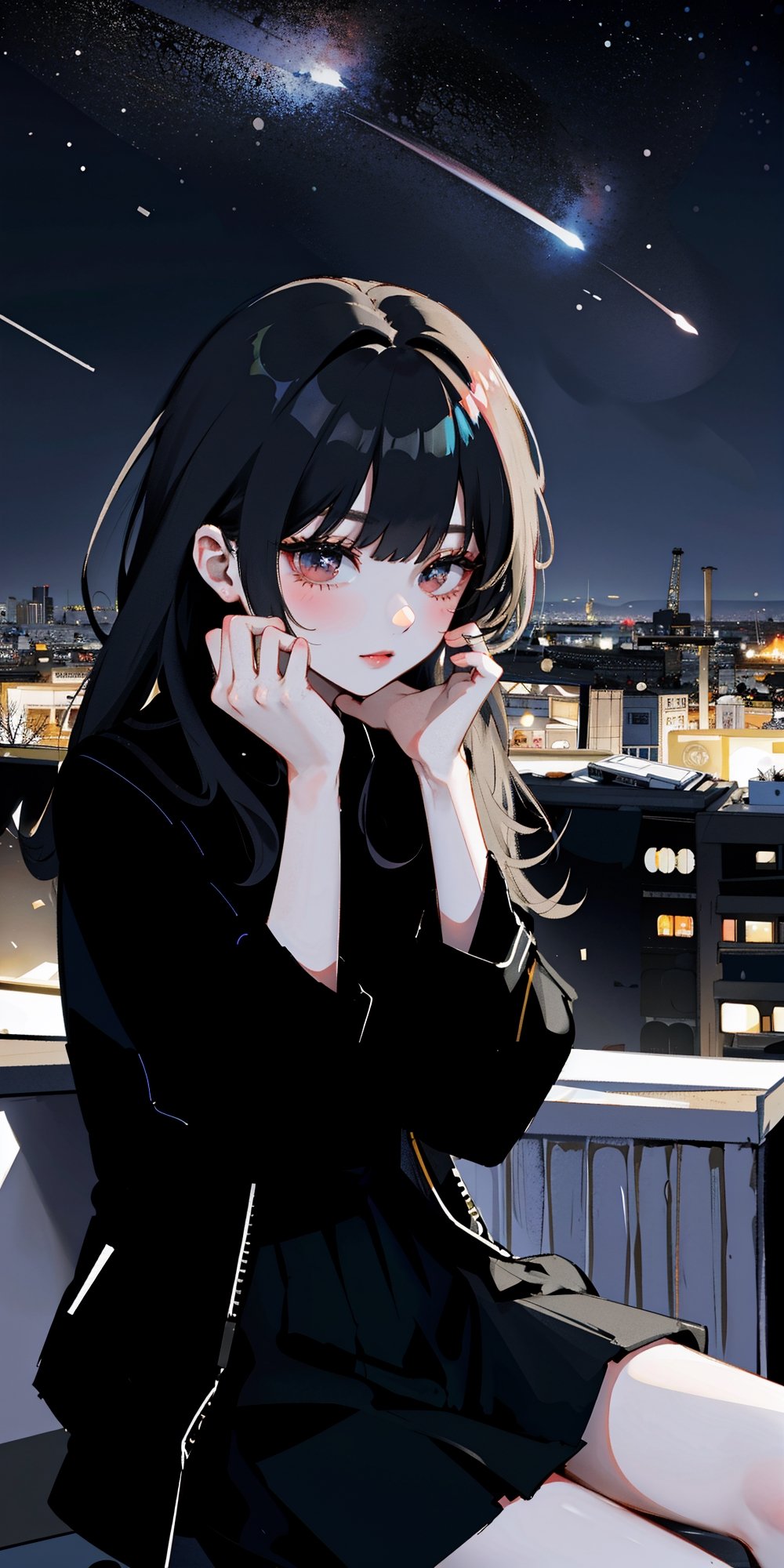 A girl sits on the rooftop,  gazing up at the starry sky. The photograph captures only her silhouette,  concealing her fac...