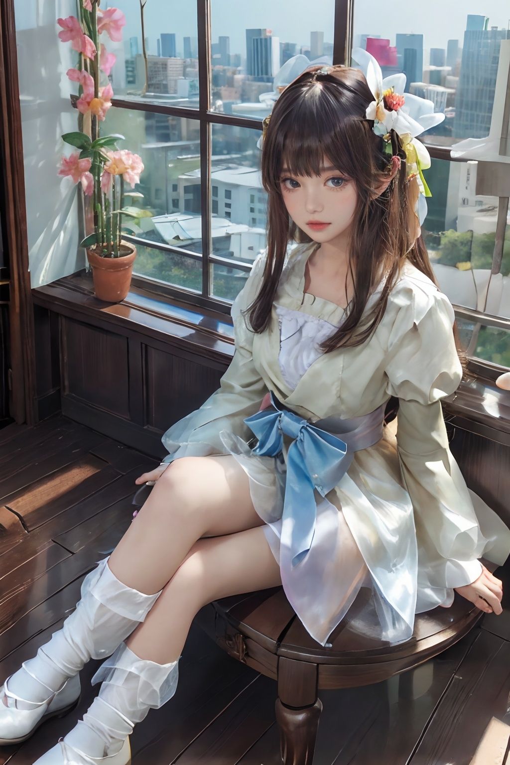 1girl,solo,looking at viewer,flower,bangs,full body,long sleeves,ribbon,hair ornament,bow,(arms behind back:1.05),wanying,cityscape,indoors,window,sitting,bedroom,(spread legs:1.15),<lora:wanying_2版婉莹15:0.6>,