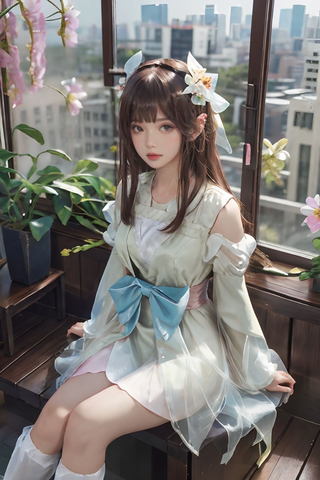 1girl,solo,looking at viewer,flower,bangs,full body,long sleeves,ribbon,hair ornament,bow,(arms behind back:1.35),wanying,cityscape,indoors,window,sitting,<lora:wanying_2版婉莹15:0.6>,