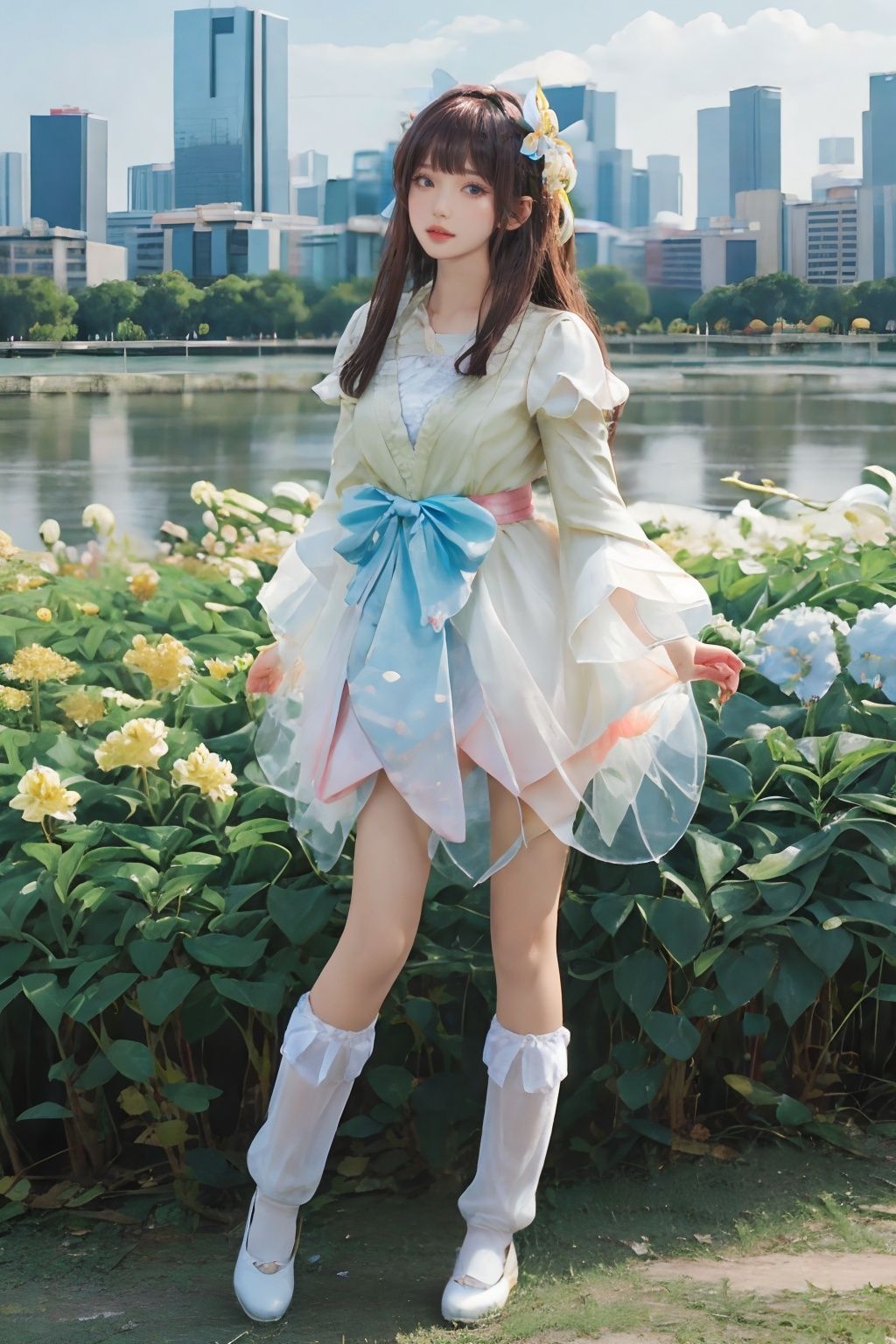 1girl,solo,looking at viewer,flower,bangs,(full body:1.3),long sleeves,ribbon,hair ornament,bow,wanying,cityscape,standing,outdoors,(arms behind back:1.15),<lora:wanying_2版婉莹15:0.65>,