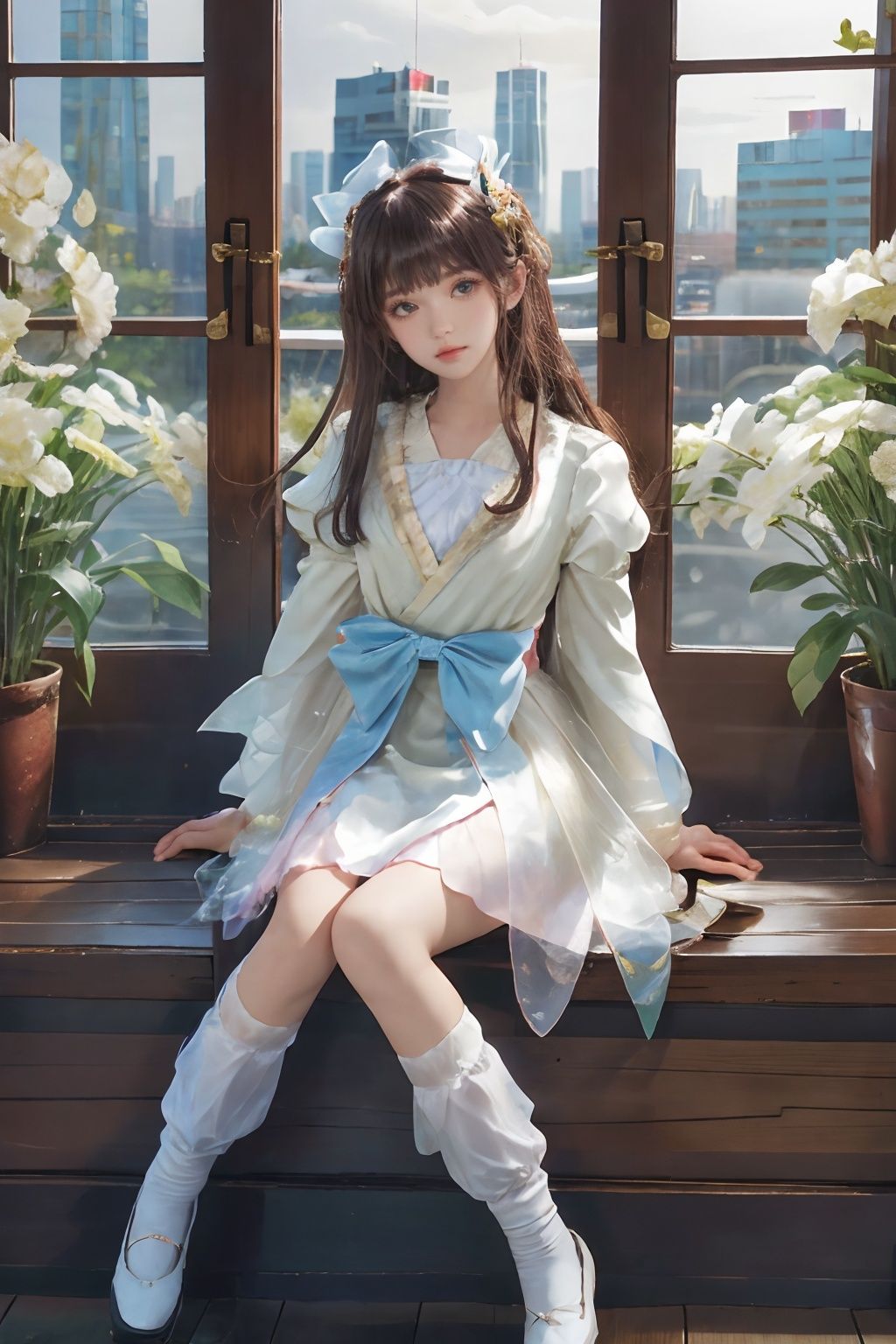 1girl,solo,looking at viewer,flower,bangs,full body,long sleeves,ribbon,hair ornament,bow,(arms behind back:1.25),wanying,cityscape,indoors,window,sitting,<lora:wanying_2版婉莹15:0.6>,