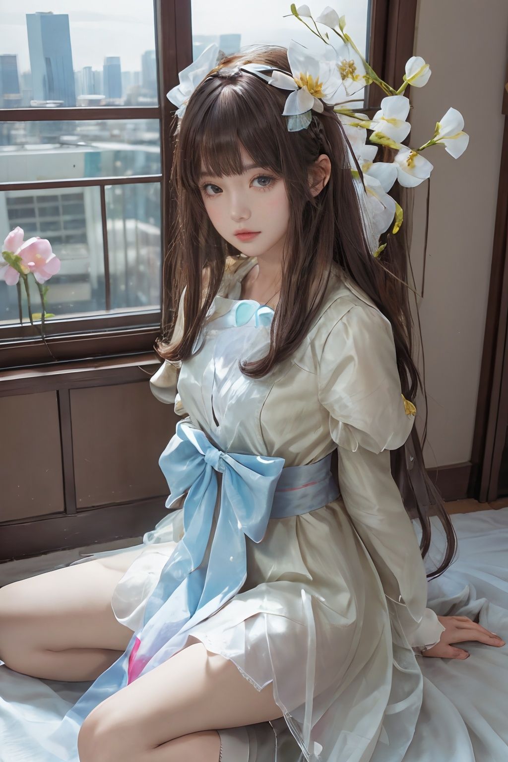1girl,solo,looking at viewer,flower,bangs,(full body),long sleeves,ribbon,hair ornament,bow,(arms behind back:1.05),wanying,cityscape,indoors,window,sitting,bedroom,(spread legs:1.25),<lora:wanying_2版婉莹15:0.6>,