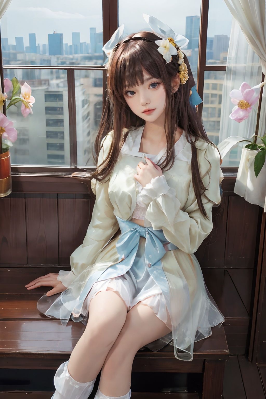 1girl,solo,looking at viewer,flower,bangs,full body,long sleeves,ribbon,hair ornament,bow,wanying,cityscape,indoors,window,sitting,bedroom,crossed_legs,(hands_on_own_stomach),<lora:wanying_2版婉莹15:0.6>,