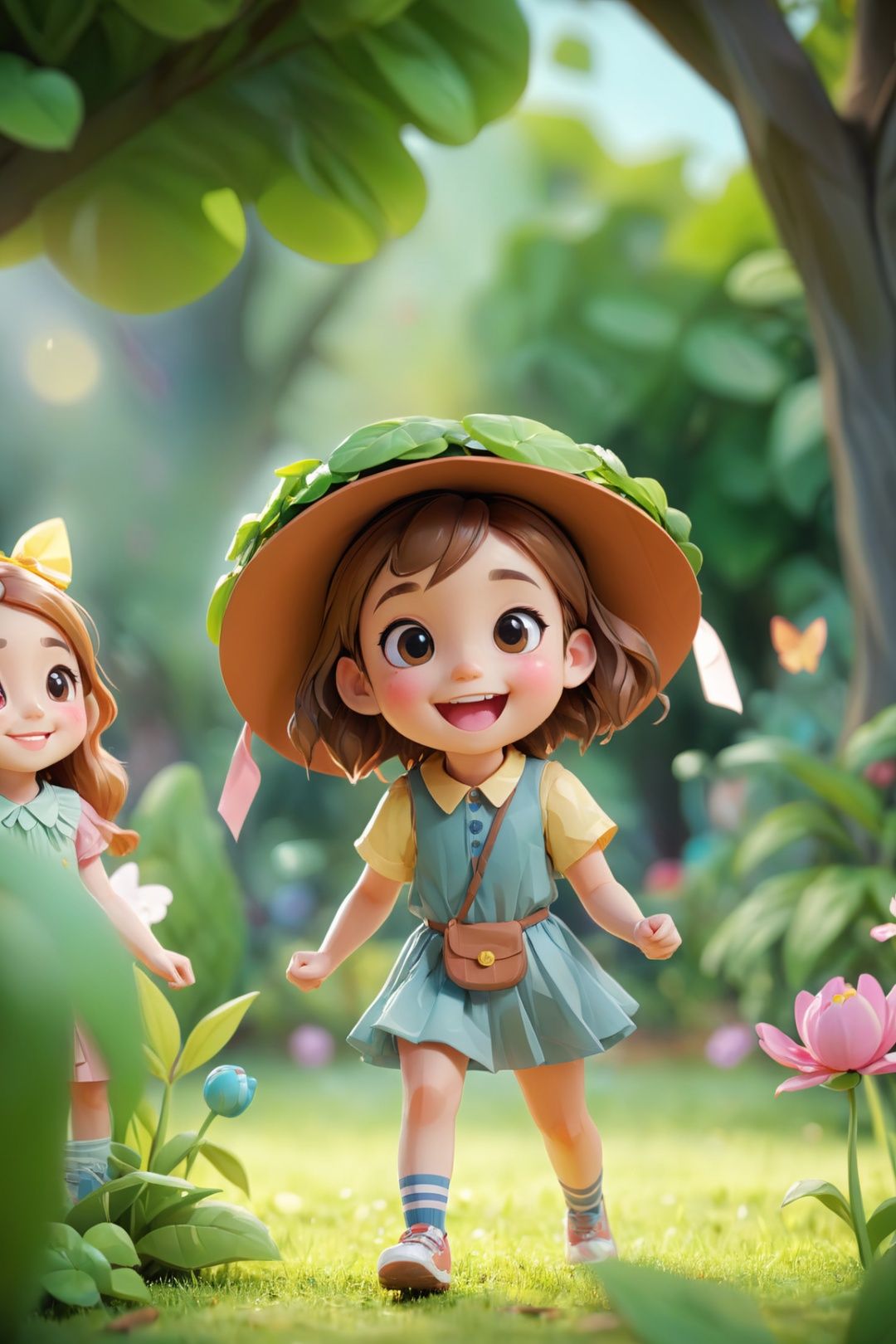 happy children's day,  boy's and girl's playing in garden creatures,  shy smile on Tensor.Art