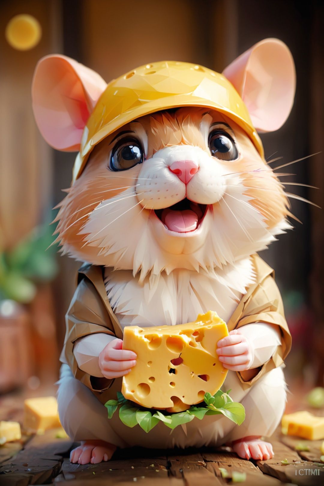 The cute hamster cherishes a round hole,  clutching a piece of cheese.,  cinematic shot + dynamic composition on Tensor.Art