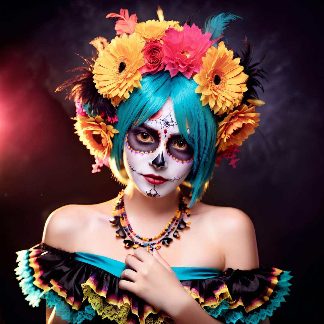 1girl, a dynamic, upper body portrait of a cute young woman with fluffy short hair, her joyous expression directed towards the viewer. Set against a dark theme, she's adorned with vibrant, Dia de los Muertos-inspired horror makeup, adding a pop of color to the scene. This action-packed pose exudes a lively energy, illuminating her captivating sexy. <lora:sdxl_lora_rustako:0.3>