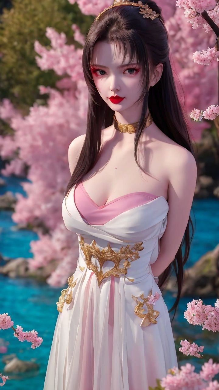blurry, cherry_blossoms, depth_of_field, blurry_background, 1girl, breasts, branch, water, tree, blurry_foreground, spring_\(season\), blue_sky, day, cleavage, dress, long_hair, solo, lake, outdoors, petals, looking_at_viewer, red_lips, lips, river, standing, arms_behind_back