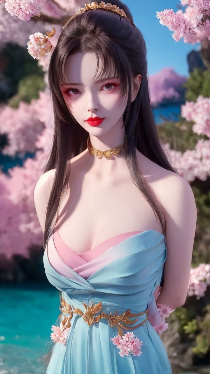 blurry, cherry_blossoms, depth_of_field, blurry_background, 1girl, breasts, branch, water, tree, blurry_foreground, spring_\(season\), blue_sky, day, cleavage, dress, long_hair, solo, lake, outdoors, petals, looking_at_viewer, red_lips, lips, river, standing, arms_behind_back
