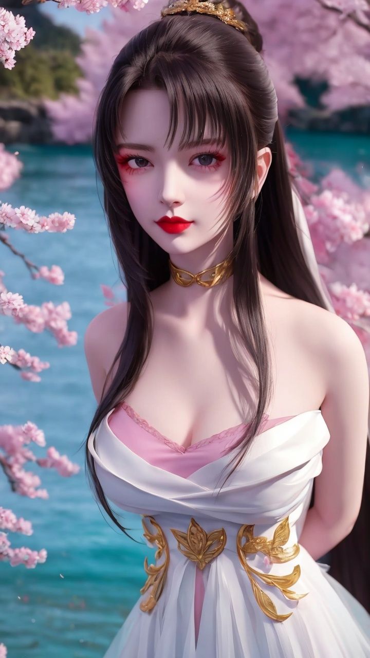 blurry, cherry_blossoms, depth_of_field, blurry_background, 1girl, breasts, branch, water, tree, blurry_foreground, spring_\(season\), blue_sky, day, cleavage, dress, long_hair, solo, lake, outdoors, petals, looking_at_viewer, red_lips, lips, river, standing, arms_behind_back