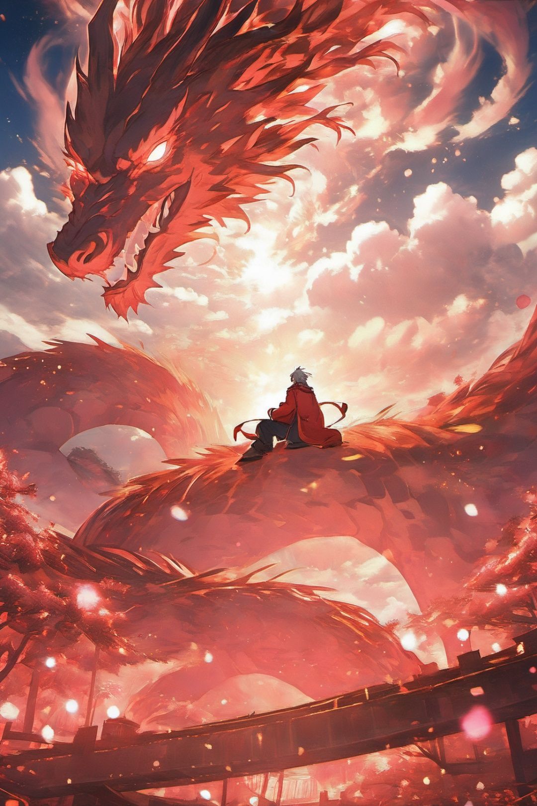A lonely old man sits in the peach blossom garden, watching the bustling crowd coming and going, his hair is shining golden under the setting sun, and the clouds in the sky are also as red as fire by the afterglow of the sun.,QMSJ,hell