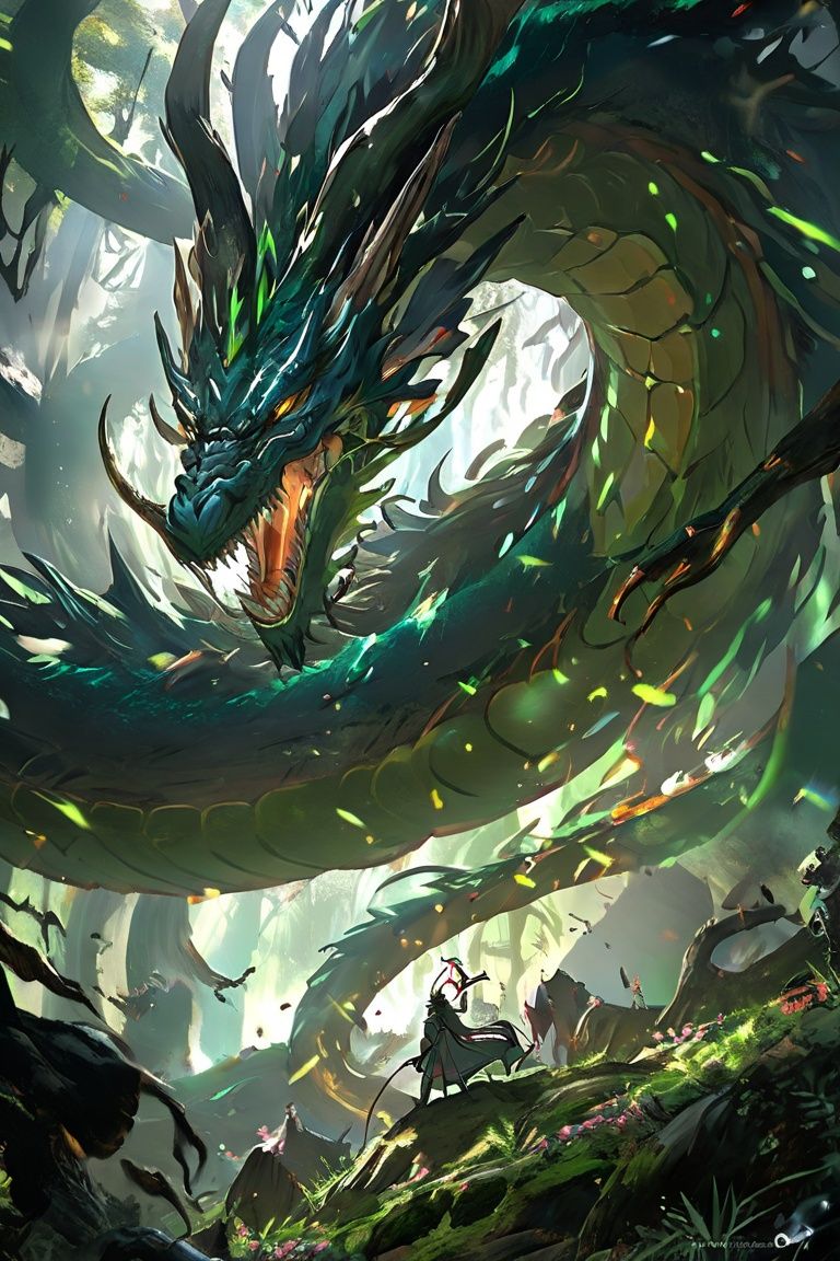In this picture, we can see a cultivator and a fierceMiaojiang worm engaged in a fierce confrontation. Theworms are huge in size and covered with a hard shellexuding the aura of beasts in the forest. Practitionerswield magic weapons and used martial arts techniquesto constantly attack worms. The surrounding scene is alsofull of mysterious atmosphere, and hissing and strangebreaths are heard from time to time in the vast mountainforest. The author of this painting is the famous fantasypainter MichaelWhelan