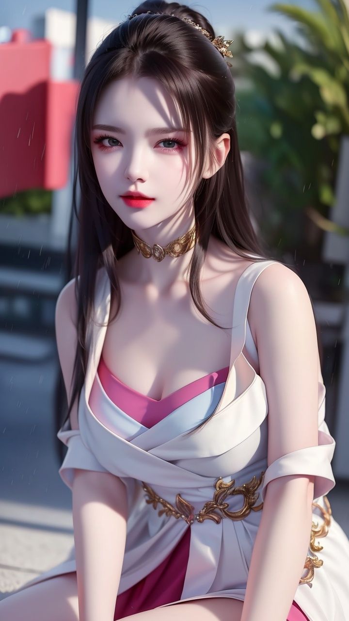 (8k, RAW photo, best quality, masterpiece:1.2), (realistic, photo-realistic:1.37), (photorealistic:1.4), (sharp focus:1.4),(detailed background), 1girl, 18 years old, shy smile,transparent raincoat, rain, bus stop, masterpiece, intricate detail, perfect anatomy, pale skin, light brown hair, wavy hair, medium hair,