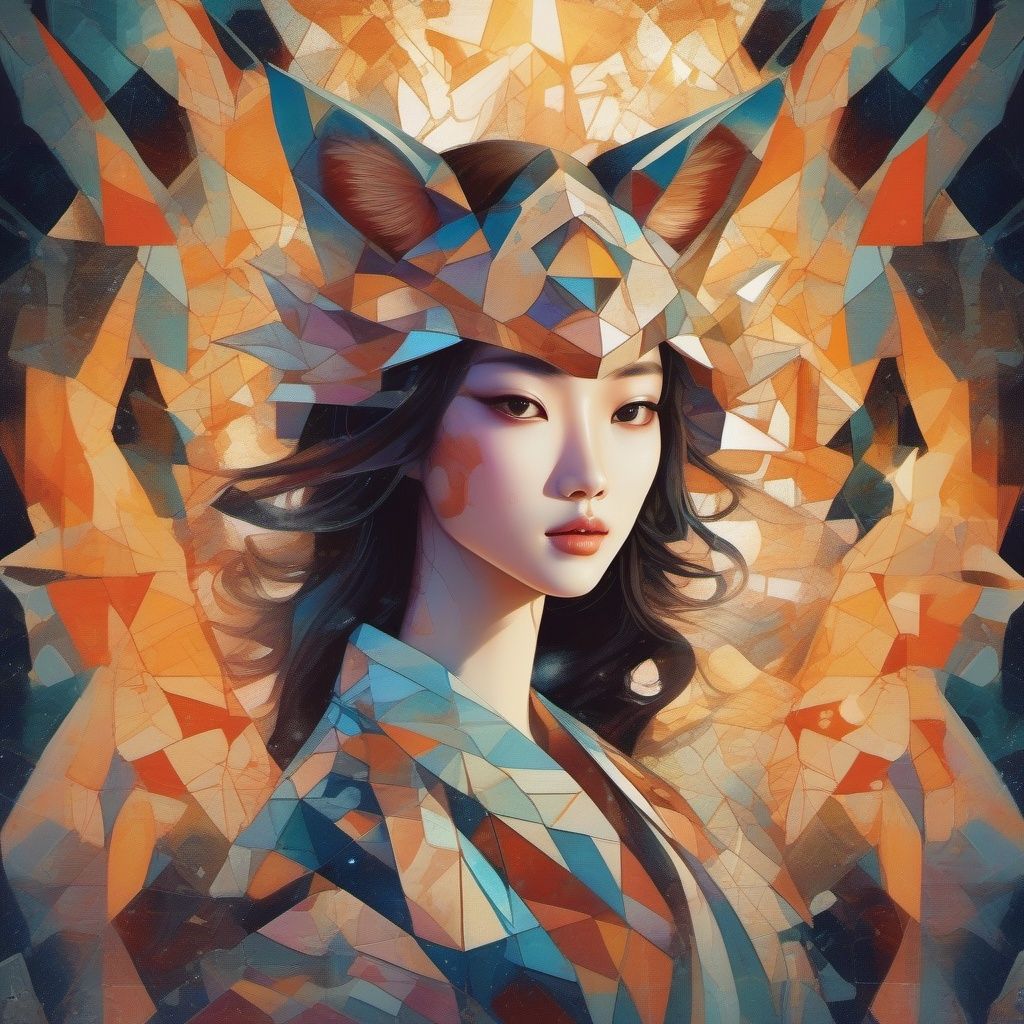 ((perfect Korean girl)) cubist artwork Shaped splash flow flaming fox out control in Night streets, mythical guardian of the alleys made with bones and rocks, . geometric shapes, abstract, innovative, revolutionary, Broken Glass effect, no background, stunning, something that even doesn't exist, mythical being, energy, molecular, textures, iridescent and luminescent scales, breathtaking beauty, pure perfection, divine presence, unforgettable, impressive, breathtaking beauty, Volumetric light, auras, rays, vivid colors reflects