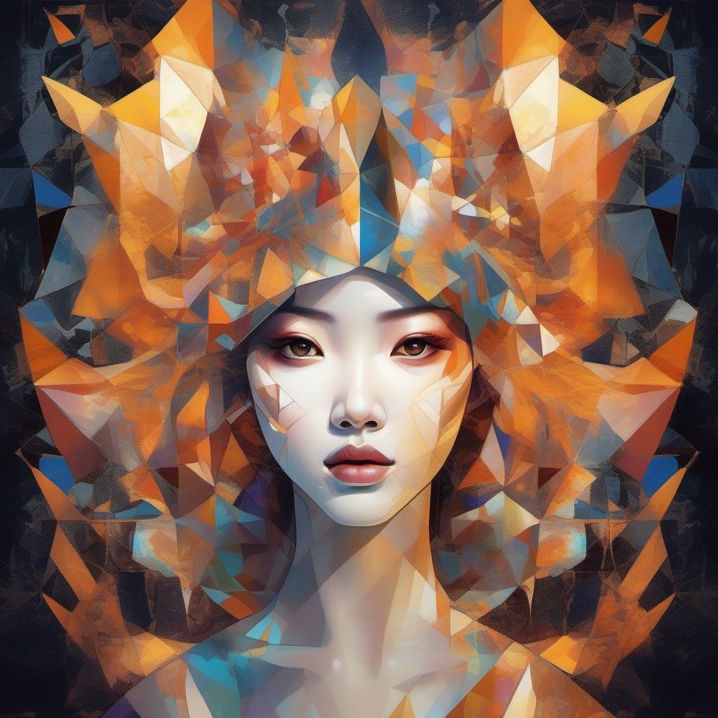 ((perfect Korean girl)) cubist artwork Shaped splash flow flaming fox out control in Night streets, mythical guardian of the alleys made with bones and rocks, . geometric shapes, abstract, innovative, revolutionary, Broken Glass effect, no background, stunning, something that even doesn't exist, mythical being, energy, molecular, textures, iridescent and luminescent scales, breathtaking beauty, pure perfection, divine presence, unforgettable, impressive, breathtaking beauty, Volumetric light, auras, rays, vivid colors reflects