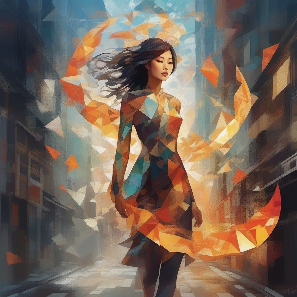 ((perfect Korean girl)) cubist artwork Shaped splash flow flaming fox out control in Night streets, mythical guardian of the alleys made with bones and rocks, . geometric shapes, abstract, innovative, revolutionary, Broken Glass effect, no background, stunning, something that even doesn't exist, mythical being, energy, molecular, textures, iridescent and luminescent scales, breathtaking beauty, pure perfection, divine presence, unforgettable, impressive, breathtaking beauty, Volumetric light, auras, rays, vivid colors reflects