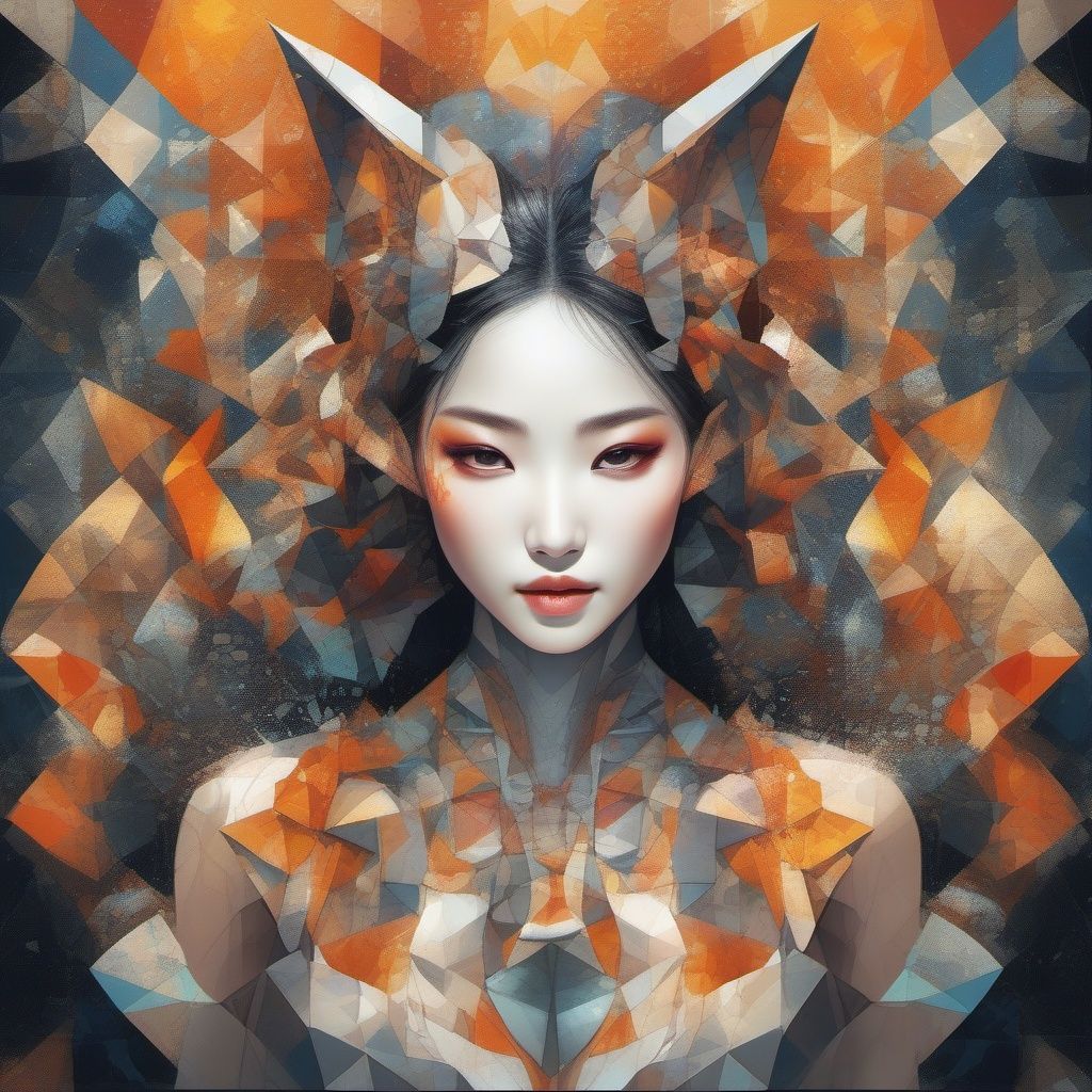 ((perfect Korean girl)) cubist artwork Shaped splash flow flaming fox out control in Night streets, mythical guardian of the alleys made with bones and rocks, . geometric shapes, abstract, innovative, revolutionary, Broken Glass effect, no background, stunning, something that even doesn't exist, mythical being, energy, molecular, textures, iridescent and luminescent scales, breathtaking beauty, pure perfection, divine presence, unforgettable, impressive, breathtaking beauty, Volumetric light, auras, rays, vivid colors reflects