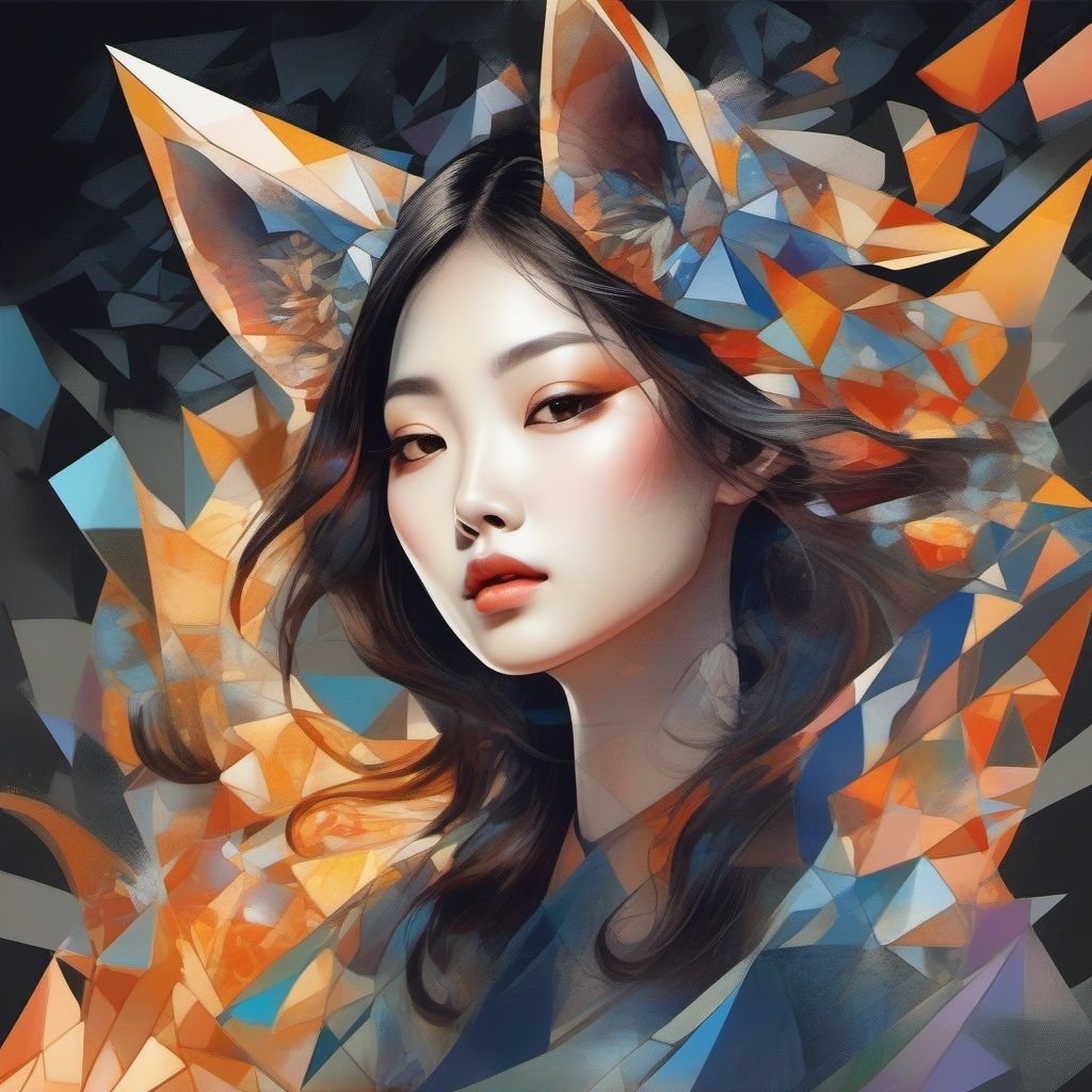 ((perfect Korean girl)) cubist artwork Shaped splash flow flaming fox out control in Night streets, mythical guardian of the alleys made with bones and rocks, . geometric shapes, abstract, innovative, revolutionary, Broken Glass effect, no background, stunning, something that even doesn't exist, mythical being, energy, molecular, textures, iridescent and luminescent scales, breathtaking beauty, pure perfection, divine presence, unforgettable, impressive, breathtaking beauty, Volumetric light, auras, rays, vivid colors reflects