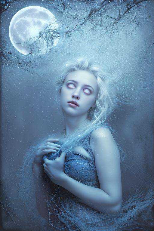 cyanotype photograph,  a beautiful albino,  clothed in spiderwebs by Rayna Polsky on Tensor.Art