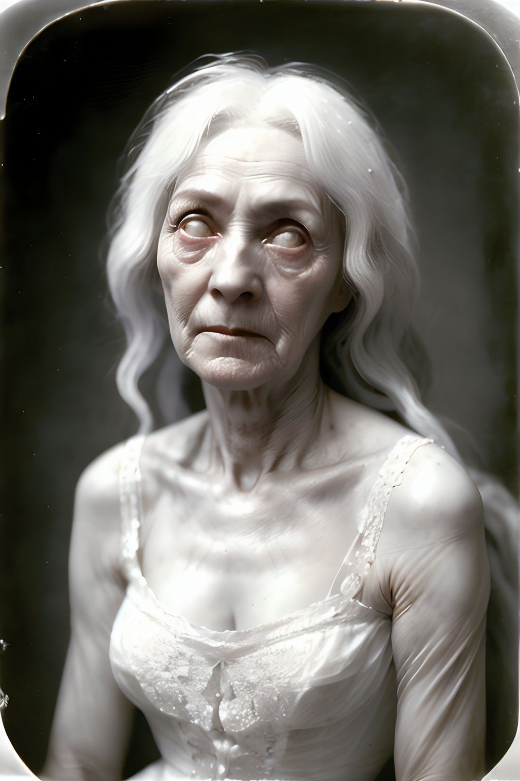 daguerreotype photograph,  head and shoulders potrait,  of a frail old woman by Rayna Polsky on Tensor.Art