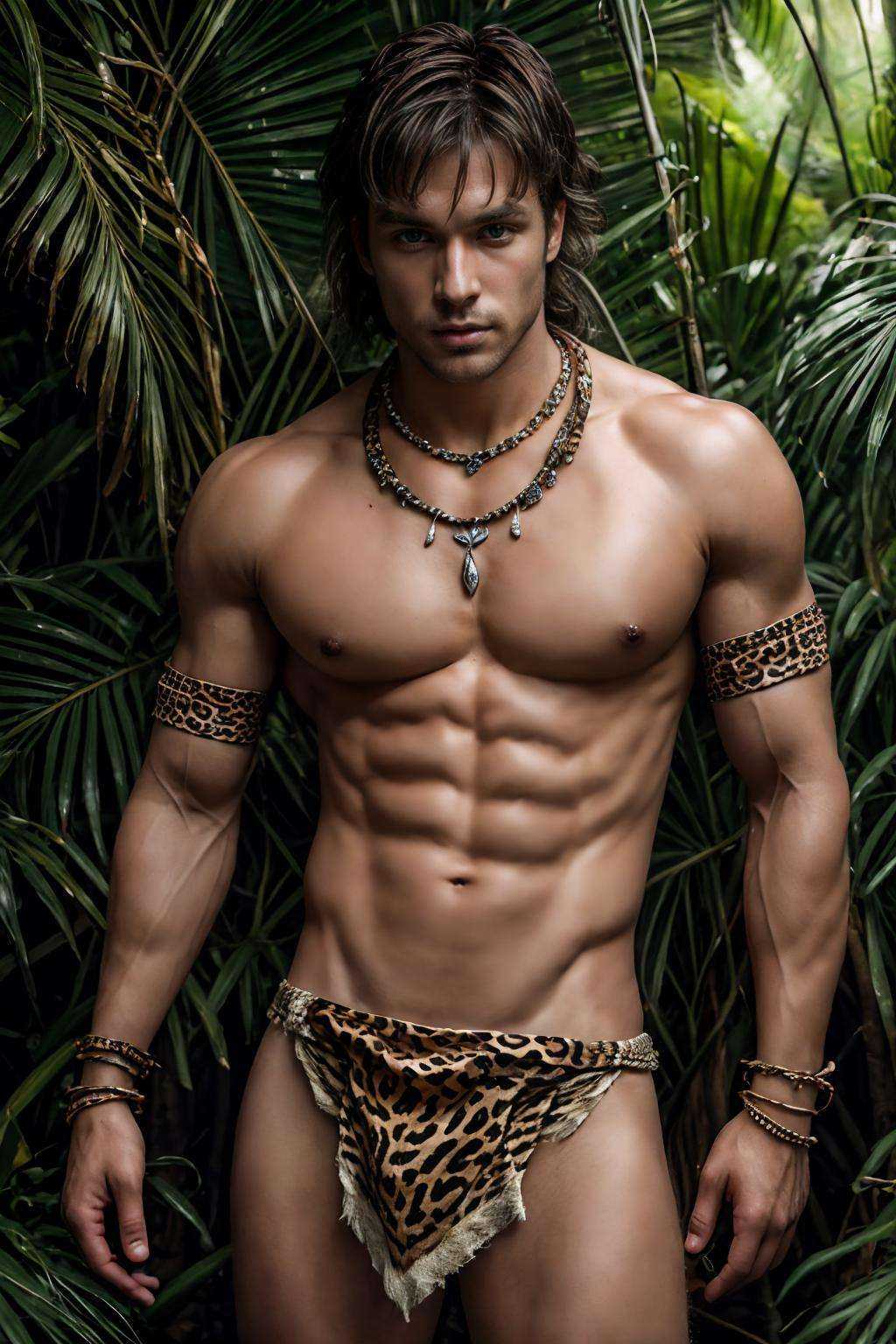 realistic, ((masterpiece)), ((best quality)), (detailed), cinematic, dynamic lighting, soft shadow, detailed background, professional photography, depth of field, intricate, detailed face, subsurface scattering, realistic hair, realistic eyes, muscular, manly, sweat, pectorals, abs, photo of a handsome man, sexyloincloth, jungle, tribal, necklace, armband, bracelet, animal print, medium messy hair, brown eyes,