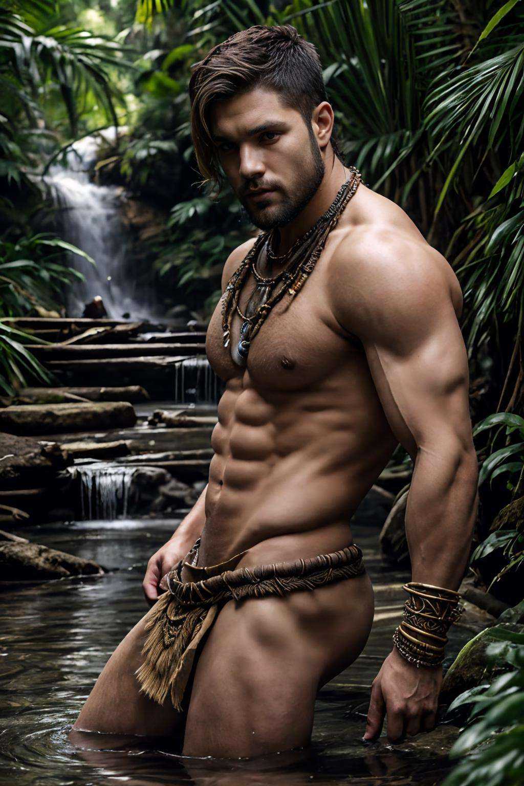 realistic, ((masterpiece)), ((best quality)), (detailed), cinematic, dynamic lighting, soft shadow, detailed background, professional photography, depth of field, intricate, detailed face, subsurface scattering, realistic hair, realistic eyes, muscular, manly, pectorals, abs, photo of a handsome (latino man), sexyloincloth, jungle, tribal, necklace, armband, bracelet, medium messy hair, brown eyes, waterfall, water, vines, beard,