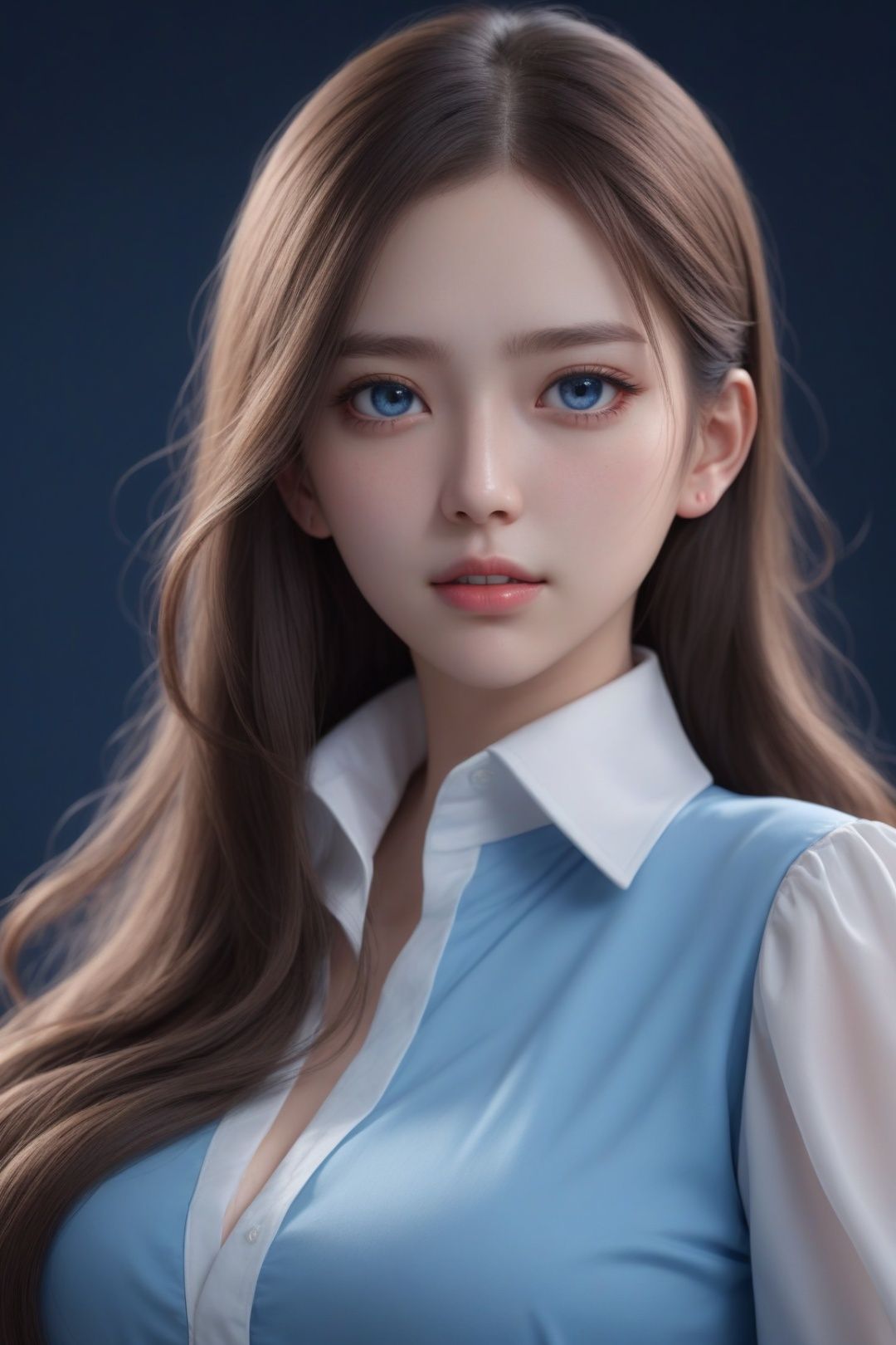 masterpiece, best quality, photorealistic, raw photo, blue background, 1girl, long hair, huge breast, collared blouse, detailed skin, pore, depth of field, in the dark