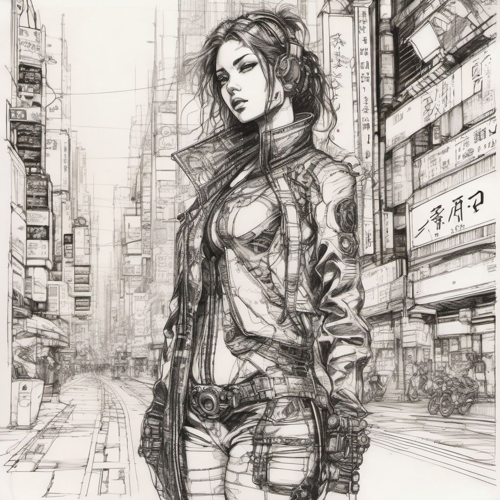 body drawing of a cyberpunk girl at midnight streets of tokyo in style of ,  pen,  ink on Tensor.Art