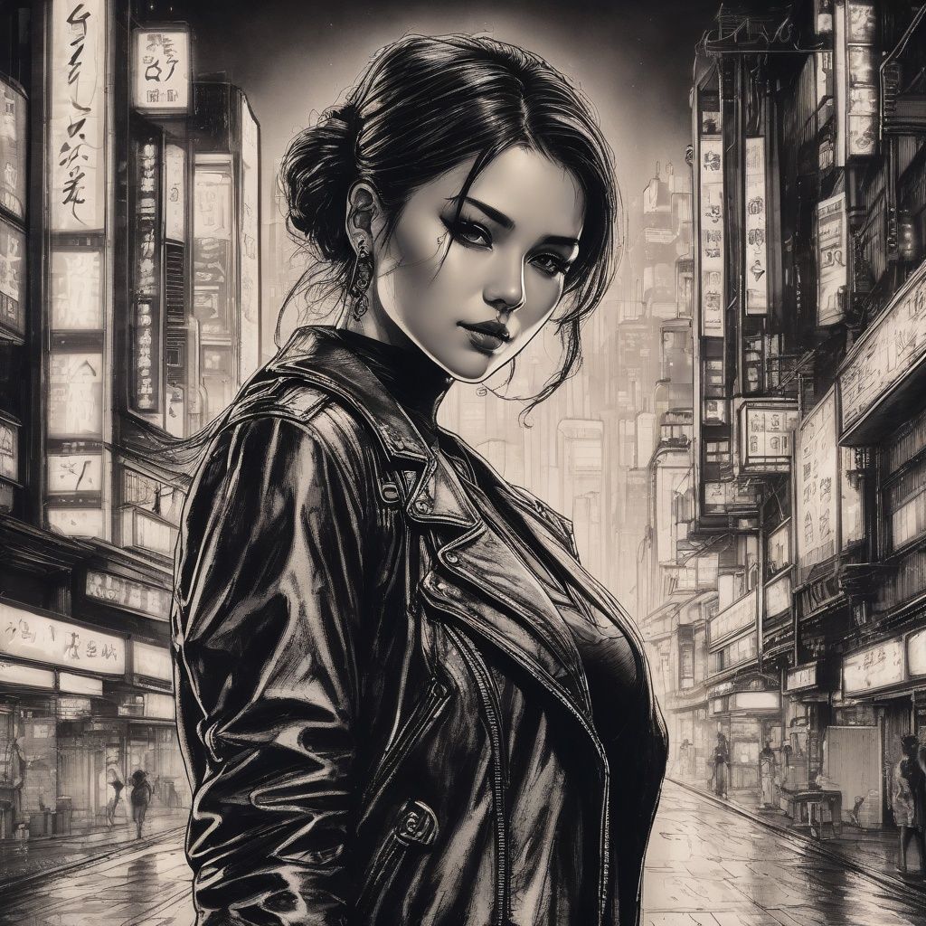 body drawing of a cyberpunk girl at midnight streets of tokyo in style of skrmk ,  dark theme ,  pen on Tensor.Art