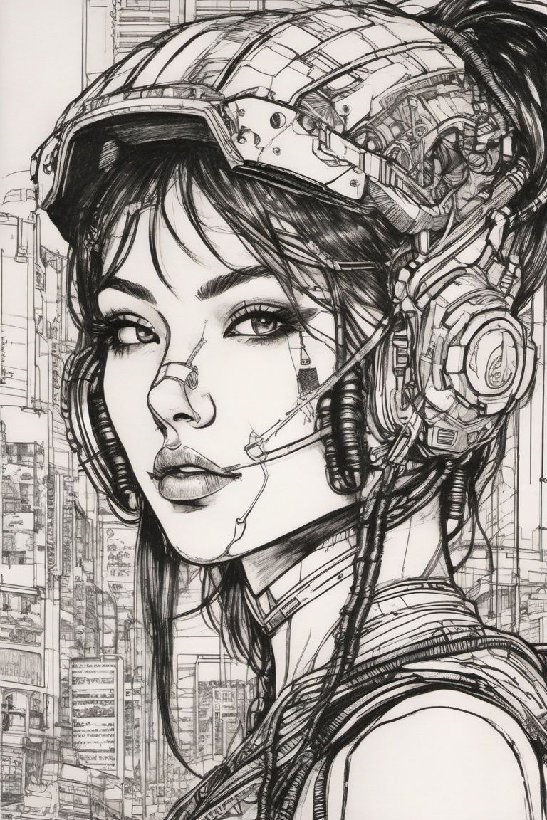 body drawing of a cyberpunk girl at midnight streets of tokyo in style of ,  pen,  ink on Tensor.Art