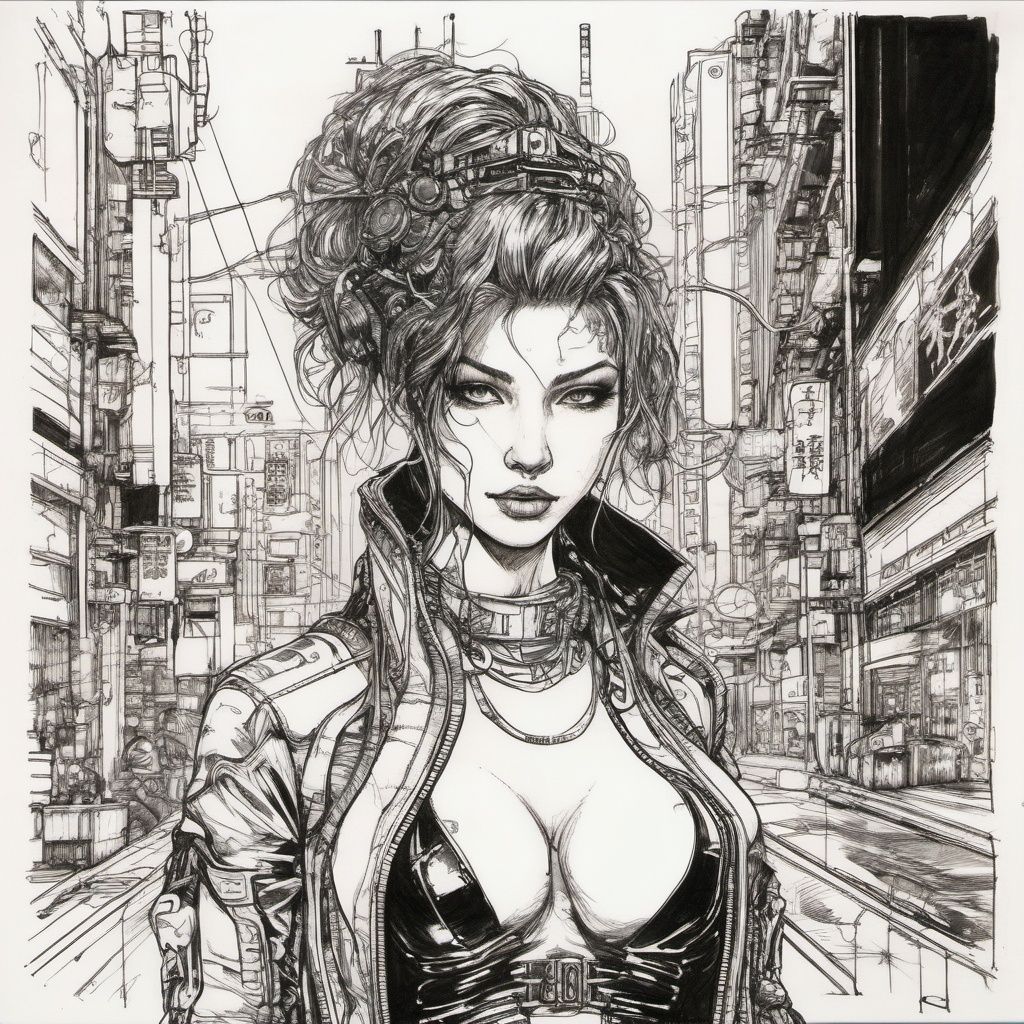 body drawing of a cyberpunk girl at midnight streets of tokyo in style of ,  pen,  ink on Tensor.Art