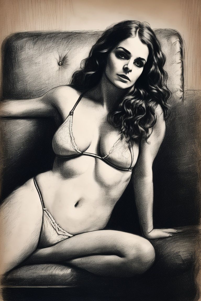 drawing of cinematic film still petite turkish white girl. with long curly black hair,  (white undies),  resting on 1970s...