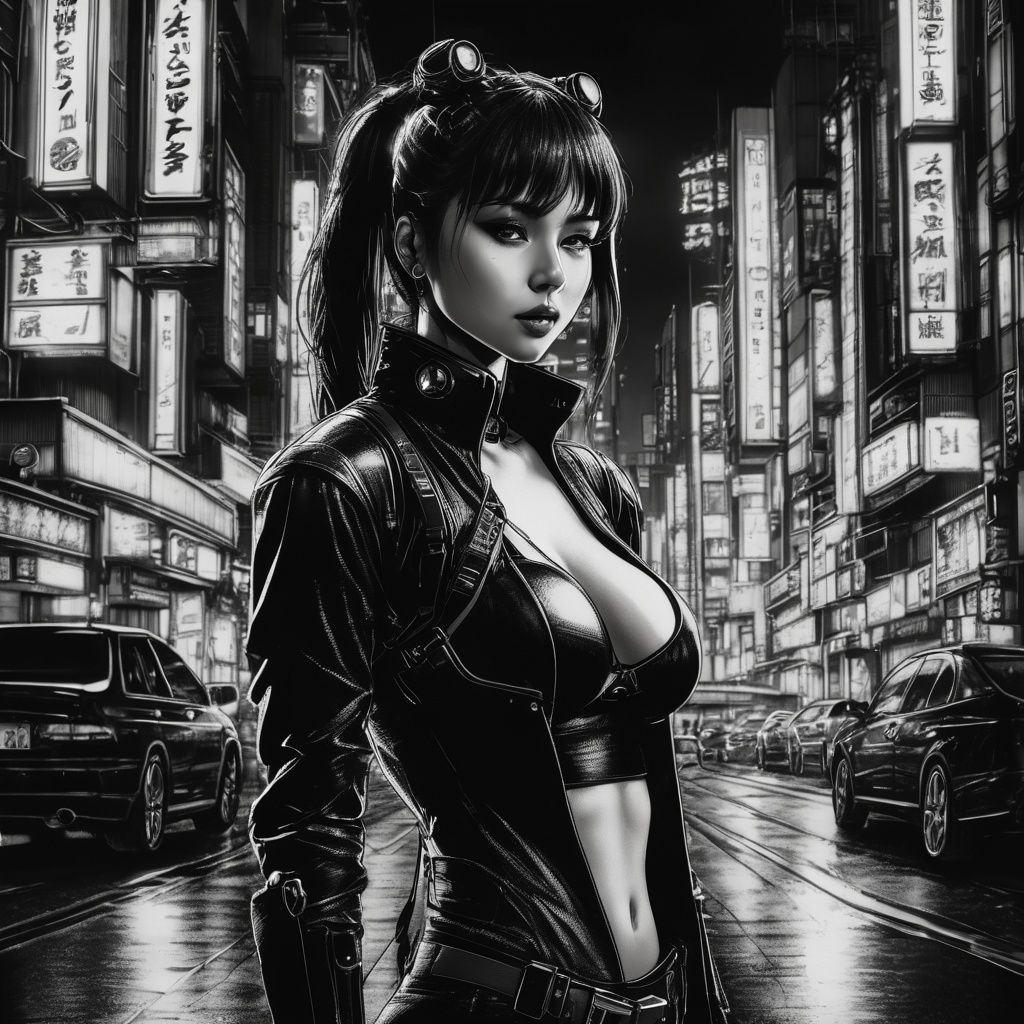 body drawing of a cyberpunk girl at midnight streets of tokyo in style of skrmk ,  dark theme ,  pen on Tensor.Art