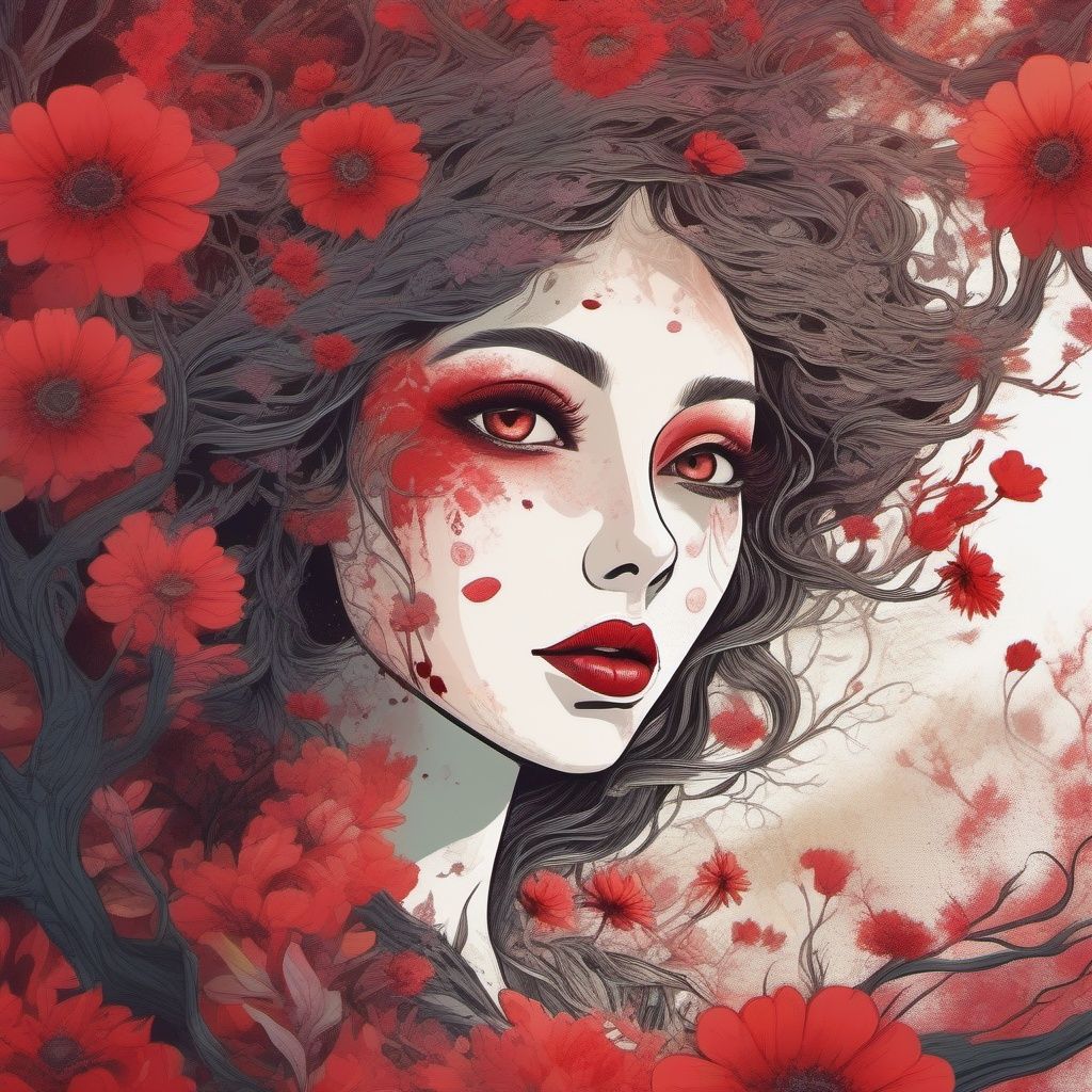 Girl, overgrown in a tree, nature, flowers, 4k, 8k, flower face, sunshine, sunbeams, sea of flowers, glowing eyes, blood red lips, beautiful Unreal Engine, splash screen, watercolor, 8k resolution, digital art, HW*, sticker, 2d cute, fantasy, dreamy, vector illustration, 2d flat, centered, by Tim Burton, professional, sleek, modern, minimalist, graphic, line art, vector graphics